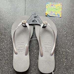 Havaianas Slim Flip Flops in Silver with Rhinestone Flowers